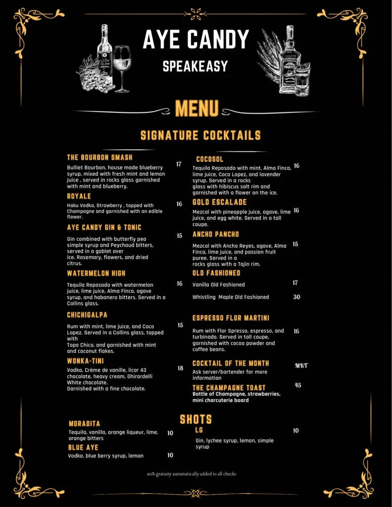 Aye Candy signature cocktail menu